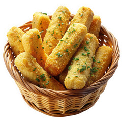 A basket of golden, crispy mozzarella sticks, garnished with fresh parsley, perfect for appetizers or snacks.