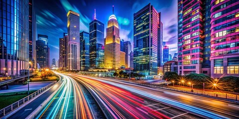 Obraz premium Night Cityscape Graphic Design Elements: Illuminated Buildings and Abstract Shapes