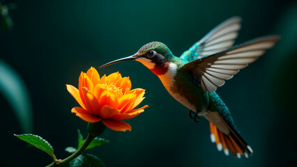 Naklejka premium bright hummingbird bird over a flower on a dark background