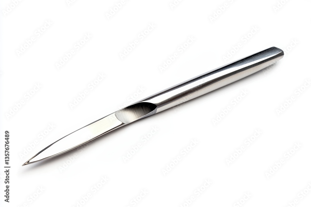 Poster close up of a small, slender, silver metal tool with a pointed tip and serrated edge, isolated on a 
