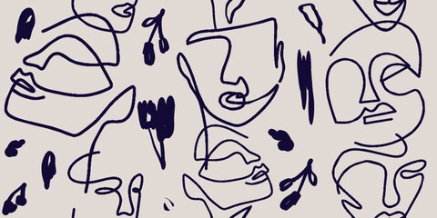 Seamless pattern line drawing of women with different face