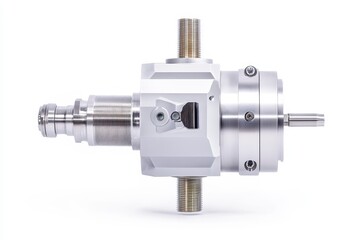 Close up view of a silver metallic industrial component, featuring intricate details and mechanical parts against a