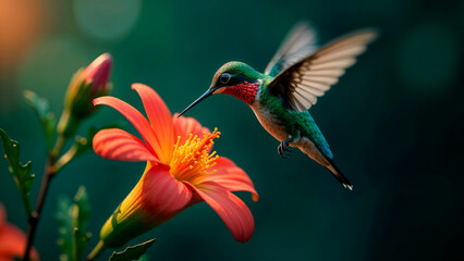 Obraz premium bright hummingbird bird over a flower on a dark background