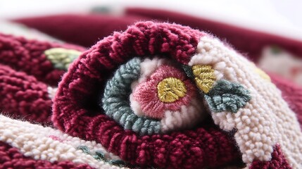 Naklejka premium Rolled up textile with floral embroidery visible in a close up view