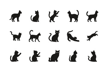 Set of black cat silhouettes in various poses