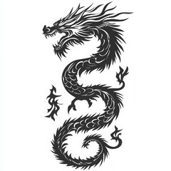 Naklejka premium Bold and dynamic illustration of a stylized black dragon with intricate details, coiled posture, and flowing mane against a white 