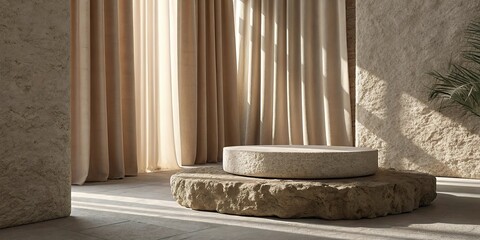 3d rendering of a white podium golden light.podium in room curtain and sunlight. 3d render,3d render of abstract minimal geometric forms. Glossy white podium new Background