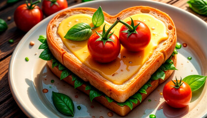 Delicious and appetizing heart-shaped sandwich with cheese, tomatoes and basil on a ceramic plate