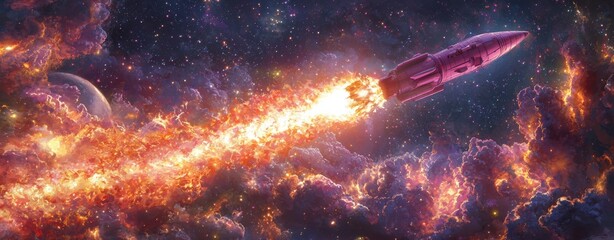 Fototapeta premium Fiery Space Rocket Launch Through Nebula