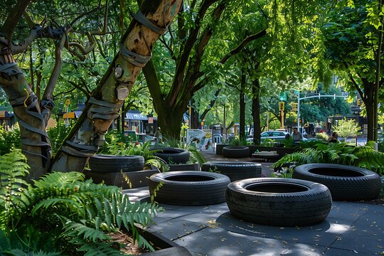 A public parklet with seating made from old tires, covered with soft cushions, and shaded by large, leafy trees.