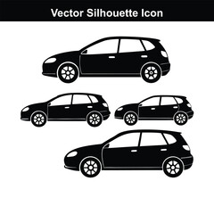 Set of car icons and vehicle illustrations including trucks, vans, buses, and sedans in a variety of designs and silhouettes, perfect for transport-related graphics and logos.