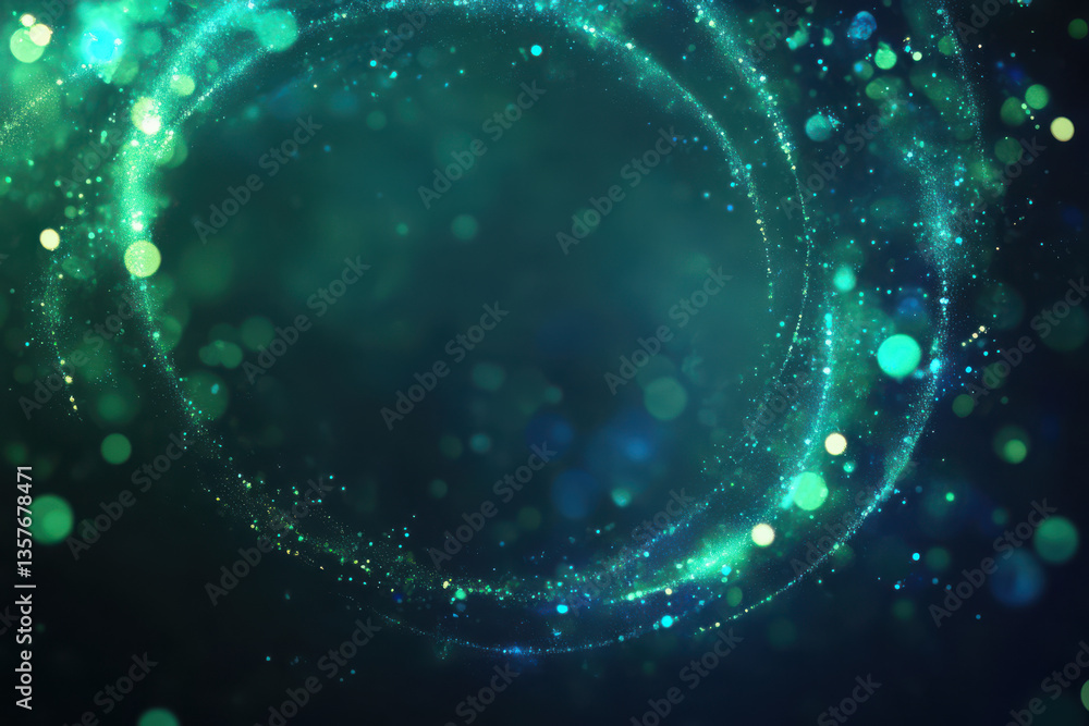 Poster abstract green and blue particle ring with bokeh lights for backgrounds and creative projects and de