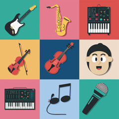 Naklejka premium 2d vector illustration icon cool entertainment cartoon character music tools (Drum , Music Note , Headphones ,Microphone , Piano , Guitar ,Record) 