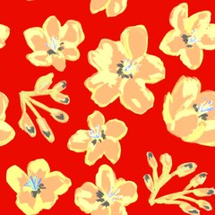Seamless pattern with yellow flowers on a red background