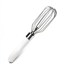 Obraz premium White handled whisk on white background, stainless steel wires, kitchen utensil, cooking tool, baking tool, close up