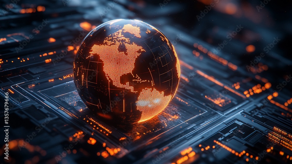 Poster global technology network. earth centered on a complex circuit board. global connectivity, digital w