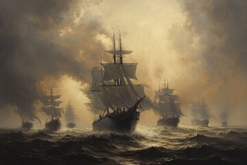 This photo depicts a painting showcasing a group of ships sailing through the vast ocean A fleet of gray destroyer ships sailing through a stormy sea at dusk.