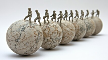 Teamwork and Global Collaboration: Miniature Figures Navigating a Series of Interconnected Spheres, Symbolizing Collective Effort and Journey Towards a Shared Goal.