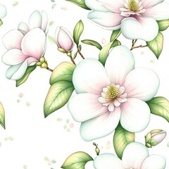 Naklejka premium Seamless Watercolor Pattern of Mini White Magnolias Displaying Blossoms and Budding Flowers in Various Stages of Blooming