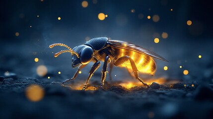 Glowing insect at night.  A majestic bee-like creature, lit by ethereal golden light, in a dark, starry night setting