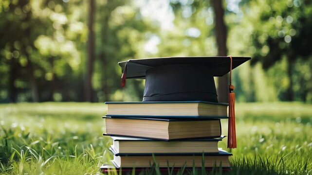 Graduation Cap on Stacked Books in a Lush Green Park Setting Generative AI