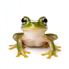 Close up view of a vibrant green tree frog on a white background. The frog is centered, facing the camera, with large