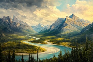 Obraz premium This photo depicts a realistic painting of a majestic mountain landscape with a river meandering through it A landscape featuring landmarks that symbolize popular podcast themes .