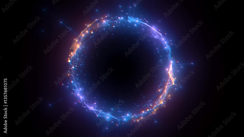 Poster abstract glowing digital sphere with connected points and lines, circular network on a dark backgrou