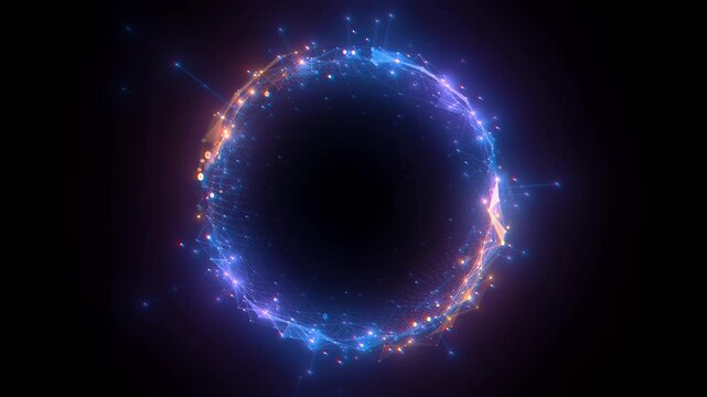 Abstract glowing digital sphere with connected points and lines, circular network on a dark background. Concept of technology. 3d animation