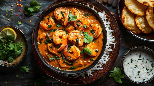 Rich creamy Chingri Malai Curry featuring jumbo prawn cooked coconut milk served fragrant Gobindobhog rice Accompanied Begun Bharta crispy Luchi side of spicy Kasundi Mustard Sauce meal set against