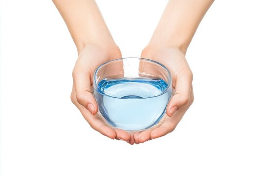 Two hands gently cradling a small glass of clear, light blue water against a bright white background