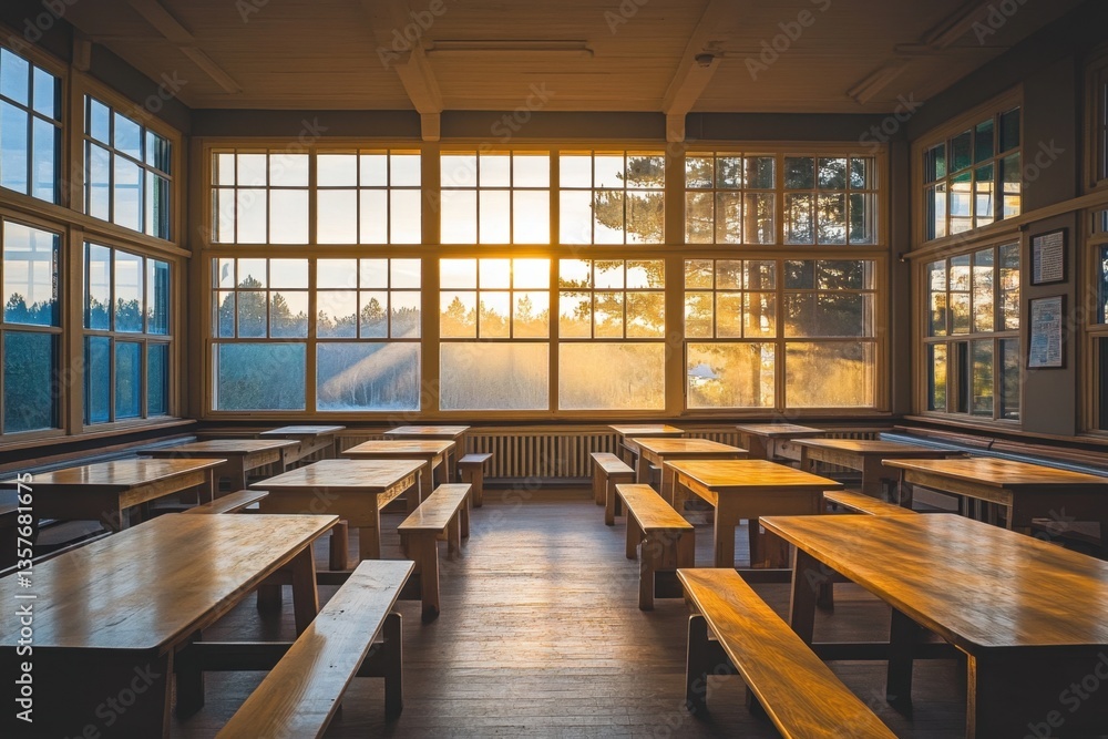 Poster this photo depicts a room with numerous wooden tables and an abundance of windows an empty classroom