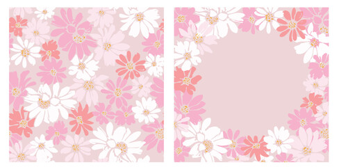 Spring set of cards with drawn cute flowers. Floral botanical art templates for holiday card, poster, invitation, social media post, cover, advertisement, for Mother's Day, Easter and Birthday