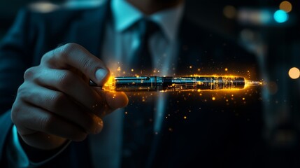 A businessman holding a glowing AI-powered pen, symbolizing the future of smart business tools and innovation