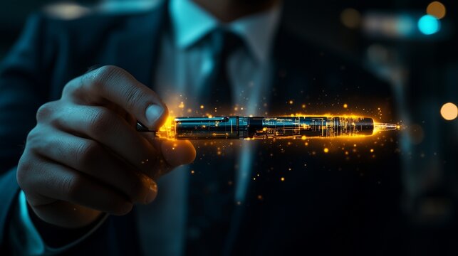 A businessman holding a glowing AI-powered pen, symbolizing the future of smart business tools and innovation