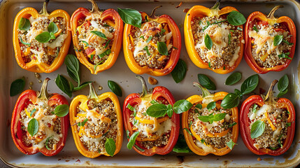 Fototapeta premium Flat lay of baked stuffed bell peppers filled with quinoa and vegetables, colorful healthy meal prep concept