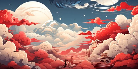 Artistic Sky Landscape with Clouds Moon and Asian Architecture Illustration