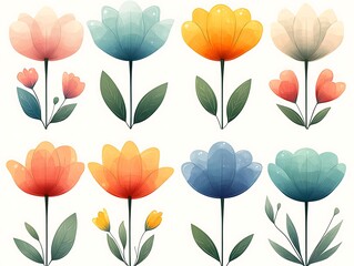 Pastel Flower Illustrations for Spring Design Set.