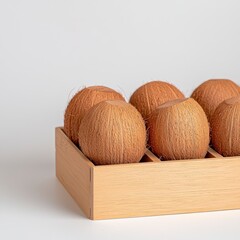 Eight Brown Coconuts in Wooden Crate on White Background