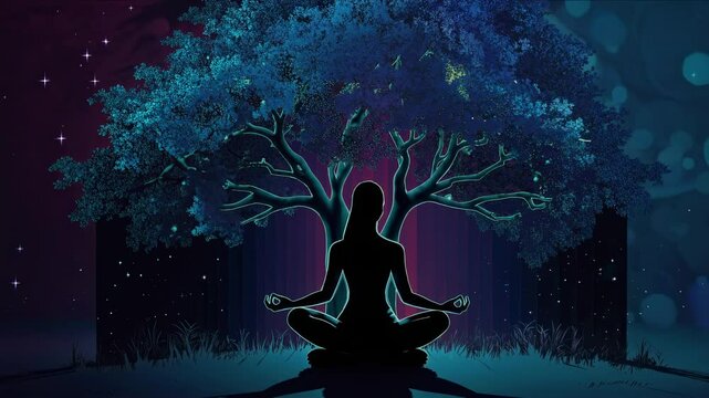 Silhouette of a person meditating under a vibrant tree, viewed from behind. The video captures a serene, mystical atmosphere with a low camera angle.