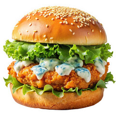 A delicious fried chicken sandwich with crispy lettuce, creamy sauce, and sesame seed bun, showcasing mouthwatering textures.