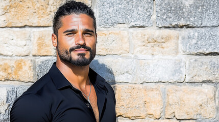 Obraz premium Confident Latino Male Model in Black Shirt Posing Against Rustic Stone Wall