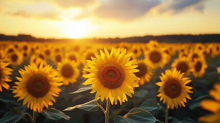 Fototapeta premium Golden sunset over a sunflower field