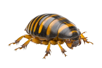 PNG cut out isolated background. A vividly detailed giant water bug featuring a shiny black exoskeleton with striking yellow stripes. 