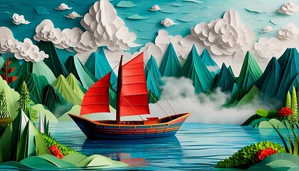 Obraz premium A serene and vibrant paper art landscape featuring boats sailing through mountains.