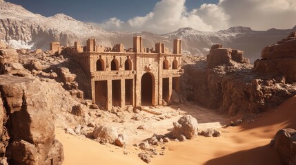 Ancient ruins civilization eroded concept. A majestic ancient structure rises amidst rocky terrain and sandy dunes, framed by snow-capped mountains under a dramatic sky.