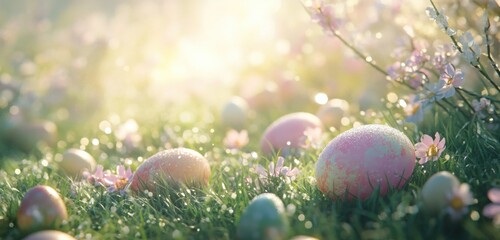 Fresh spring-themed Easter layout featuring dew-kissed grass and eggs nestled among tiny blossoms radiating warmth and renewal. Created with generative AI.