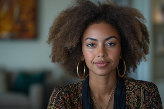 Portrait d&rsquo;une jeune femme m&eacute;tisse aux cheveux cr&eacute;pus d&eacute;tach&eacute;s, portant de grandes boucles d&rsquo;oreilles dor&eacute;es dans un int&eacute;rieur chic, ambiance naturelle et douce