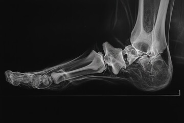 This photo depicts an xray image of a foot showing a clearly visible broken bone Ankle joint as seen in an Xray .