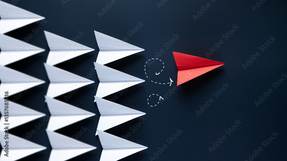 Poster red paper airplane diverging from a row of white ones, illustrating a unique path and innovative thi